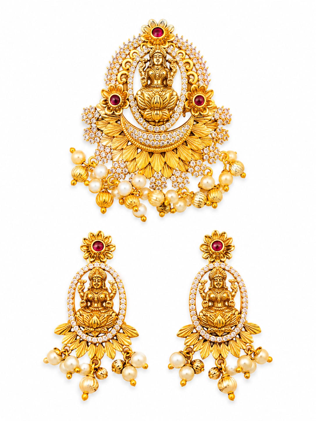 Pink Multi-Strand Beaded Lakshmi Temple Necklace Set | Antique Gold Plated Traditional Jewelry