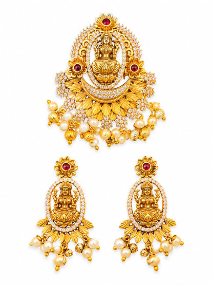 Pink Multi-Strand Beaded Lakshmi Temple Necklace Set | Antique Gold Plated Traditional Jewelry