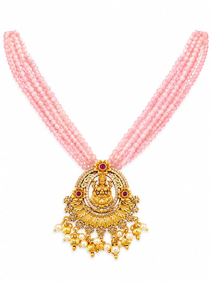 Pink Multi-Strand Beaded Lakshmi Temple Necklace Set | Antique Gold Plated Traditional Jewelry