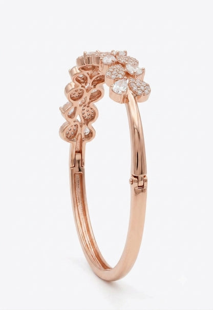 Rose Gold Floral Zircon Open Bangle Bracelet for Women | Elegant Crystal Leaf Cuff | Fashion Bracelet