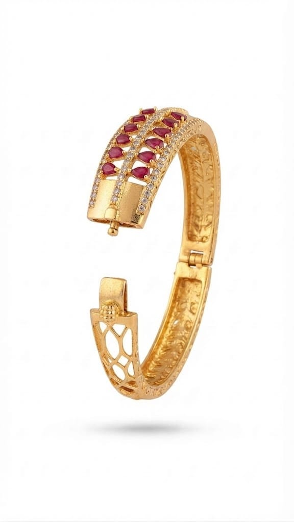 Gold Plated Emerald & Ruby Zircon Designer Bangle for Women | Premium Stone Bracelet | Bridal & Party Wear