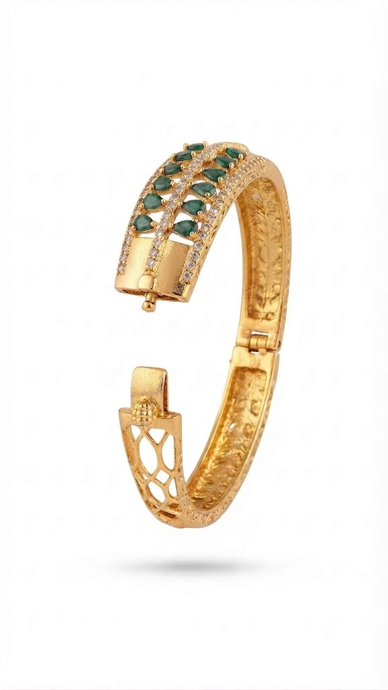 Gold Plated Emerald & Ruby Zircon Designer Bangle for Women | Premium Stone Bracelet | Bridal & Party Wear
