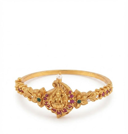 22K Antique Kada Bracelet Gold Plated Goddess Lakshmi Temple Bangle | Traditional Antique Finish Bracelet | Ruby & Green Stone Ethnic Jewelry