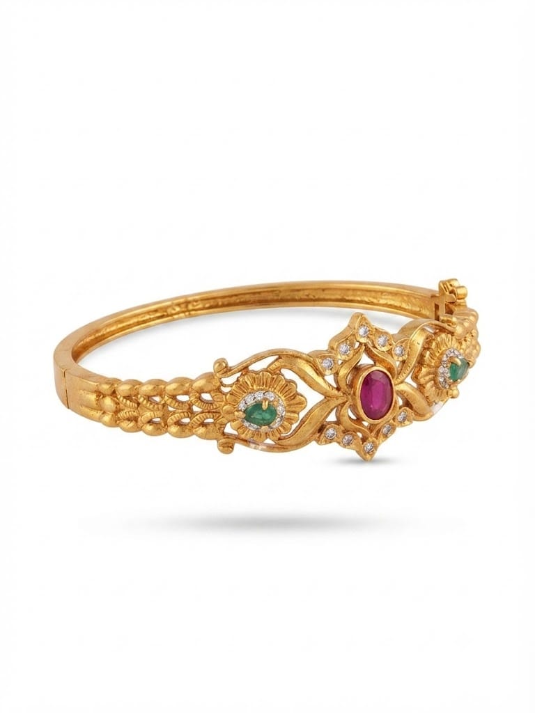 22K Gold Plated Antique Floral Kada Bracelet with Ruby, Emerald & CZ Stones