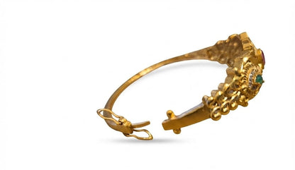 22K Gold Plated Antique Floral Kada Bracelet with Ruby, Emerald & CZ Stones