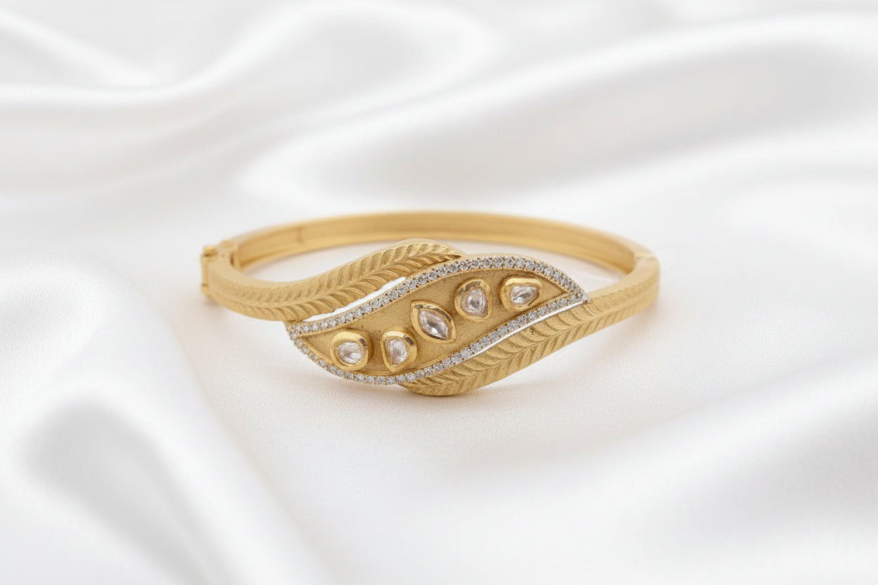 Antique Gold Leaf Design Bracelet with Kundan Stones | Traditional Women's Kada