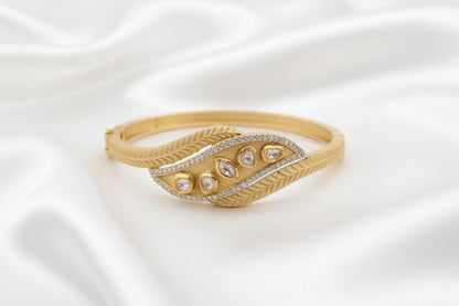 Antique Gold Leaf Design Bracelet with Kundan Stones | Traditional Women's Kada