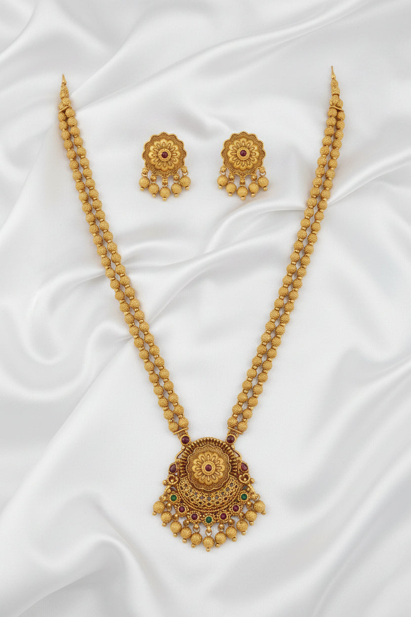 Antique  Double -layer Gold Plated Long Necklace Set with Floral Pendant & Matching Earrings