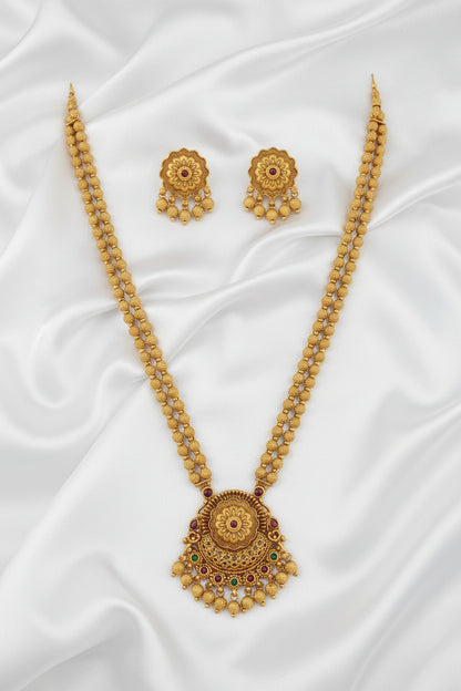 Antique  Double -layer Gold Plated Long Necklace Set with Floral Pendant & Matching Earrings