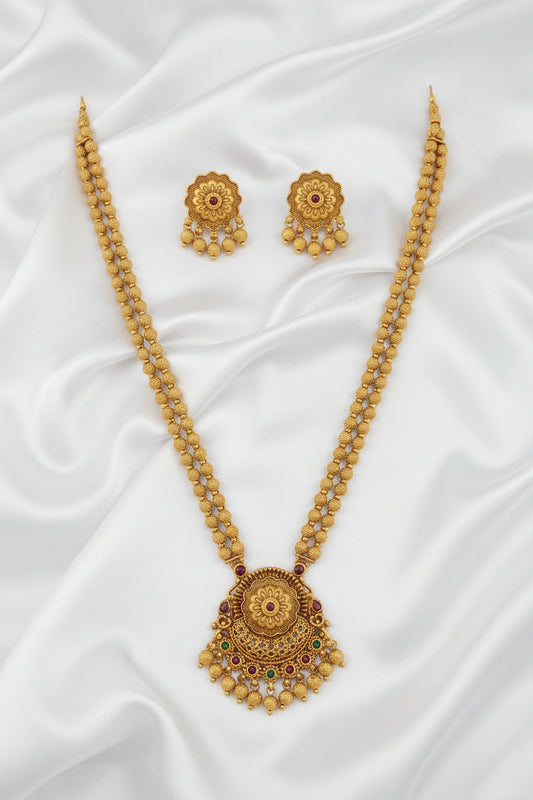 Antique  Double -layer Gold Plated Long Necklace Set with Floral Pendant & Matching Earrings
