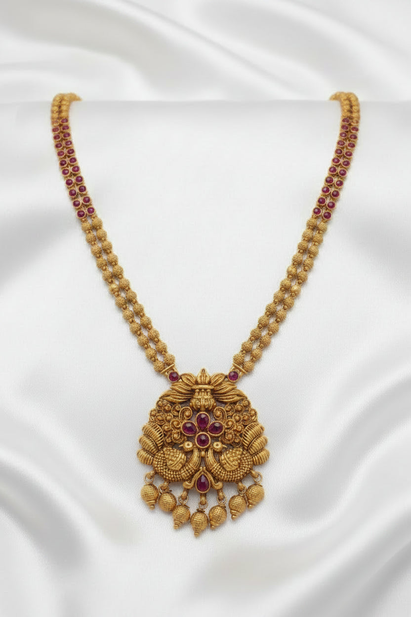 Traditional Gold-Tone Double Layer  Ruby Necklace & Earrings Set | Temple-Inspired Bridal Jewelry