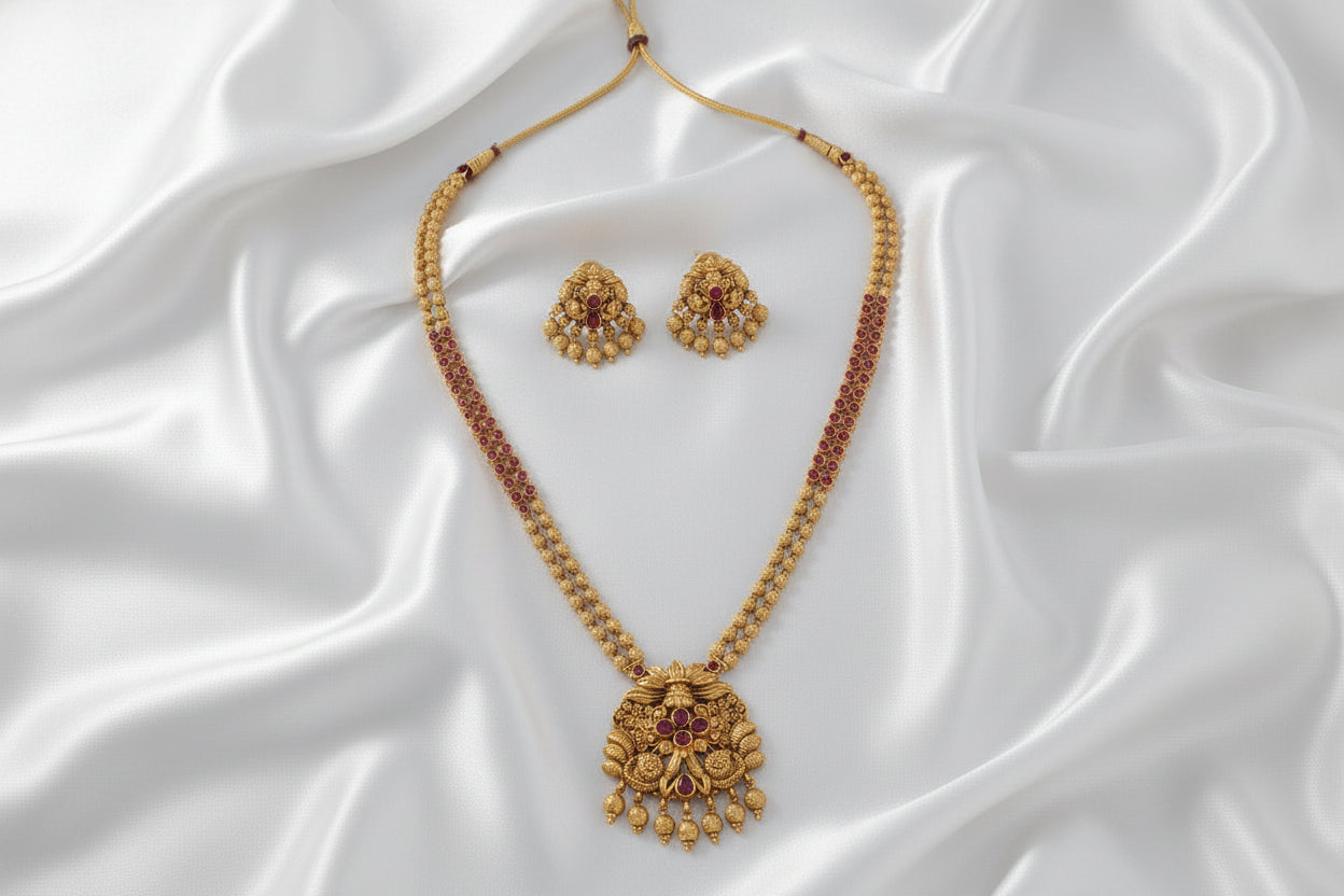Traditional Gold-Tone Double Layer  Ruby Necklace & Earrings Set | Temple-Inspired Bridal Jewelry
