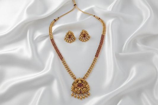 Traditional Gold-Tone Double Layer  Ruby Necklace & Earrings Set | Temple-Inspired Bridal Jewelry