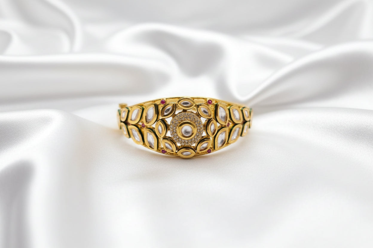 Traditional Gold-Tone Kundan Bangles | Green & Ruby Stone Designer Kada Bangle