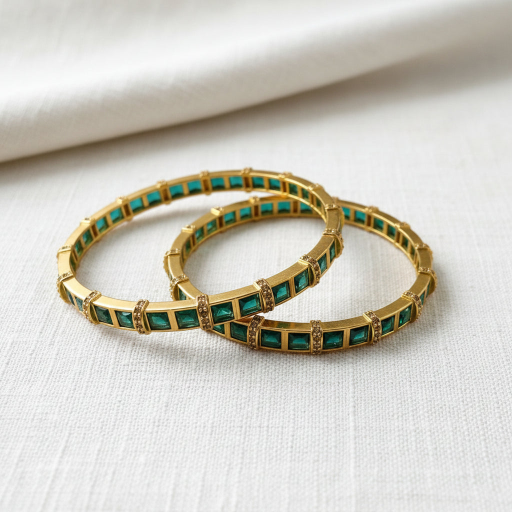 Royal Square-Cut Gemstone Bangle | Gold Plated Eternity Bracelet