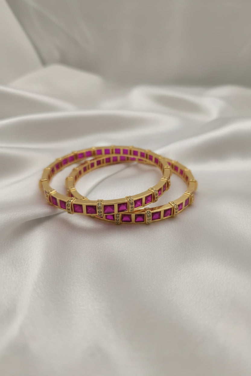 Royal Square-Cut Gemstone Bangle | Gold Plated Eternity Bracelet