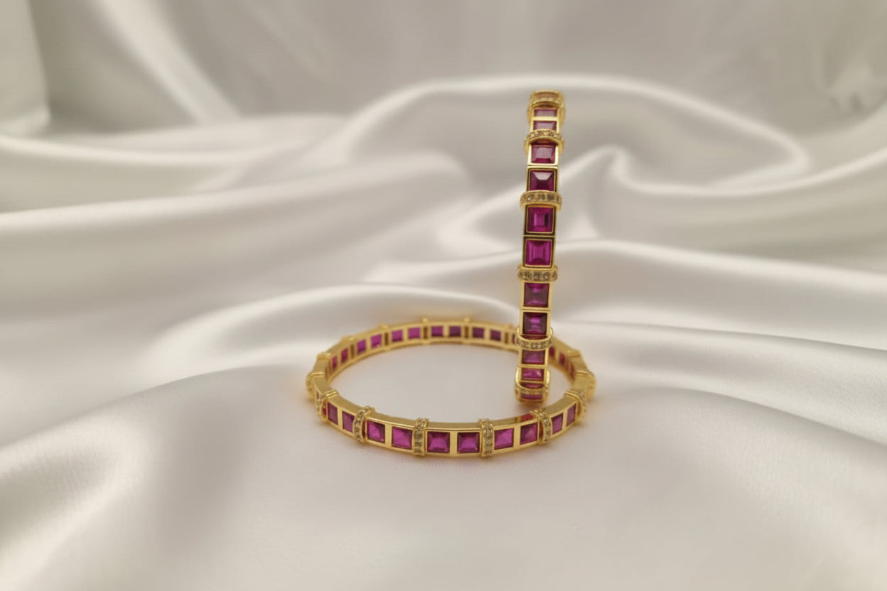 Royal Square-Cut Gemstone Bangle | Gold Plated Eternity Bracelet