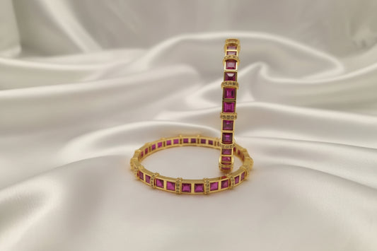 Royal Square-Cut Gemstone Bangle | Gold Plated Eternity Bracelet