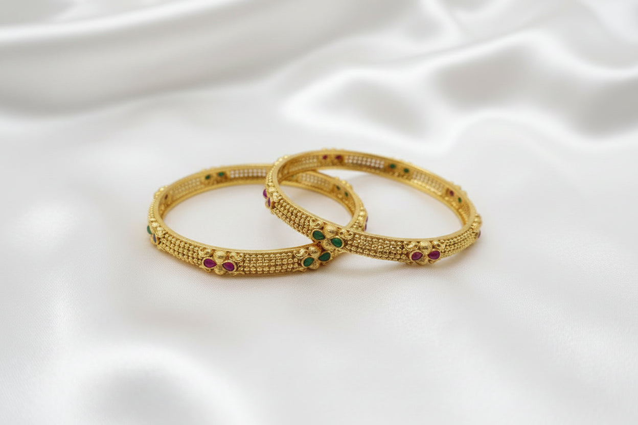 Antique Gold Plated Designer Bangle with Ruby & Emerald Stone Detailing