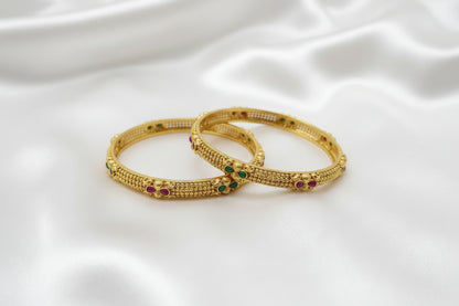 Antique Gold Plated Designer Bangle with Ruby & Emerald Stone Detailing