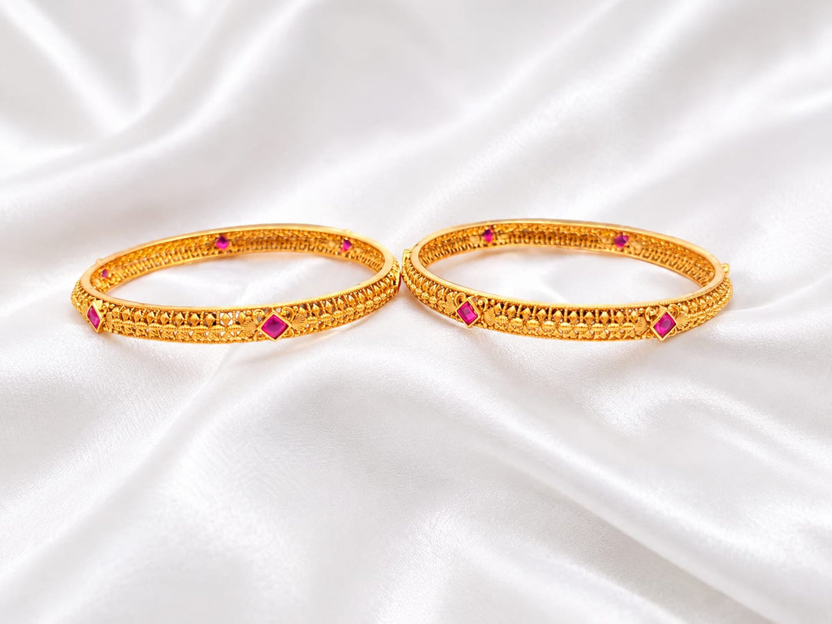 Elegant Gold-Plated Pink Stone Bangle Set