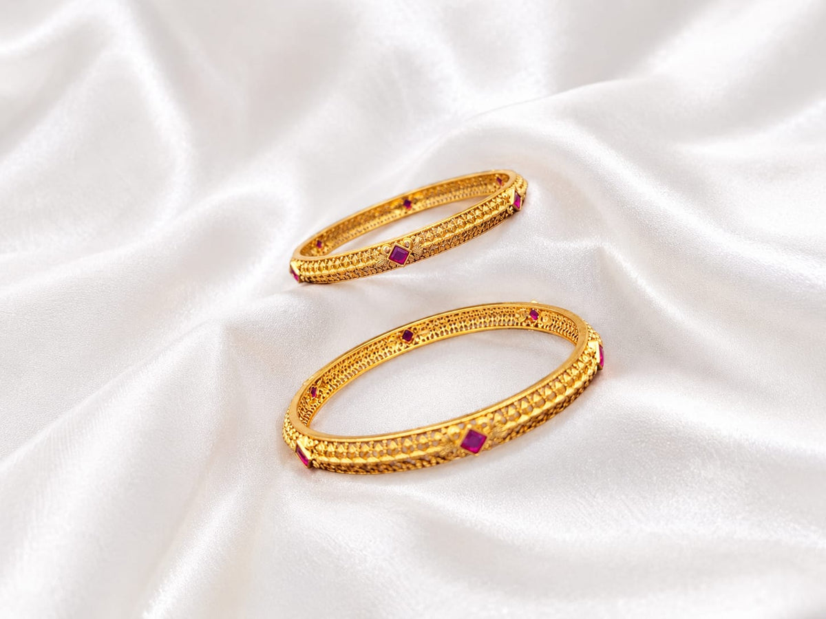 Elegant Gold-Plated Pink Stone Bangle Set