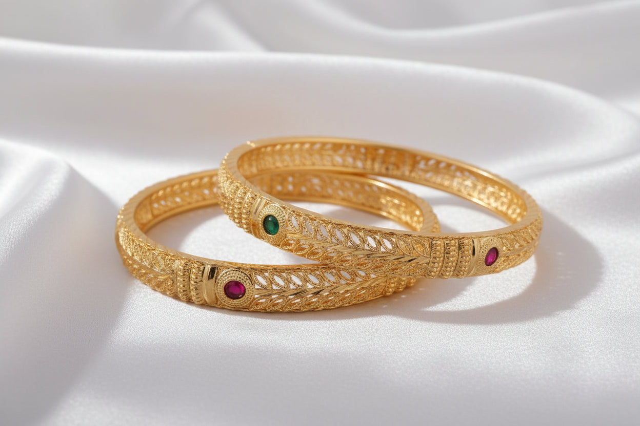 Antique Gold Plated Ruby & Emerald Designer Bangles – Traditional Indian Jewelry