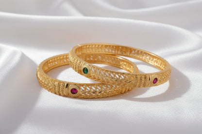 Antique Gold Plated Ruby & Emerald Designer Bangles – Traditional Indian Jewelry