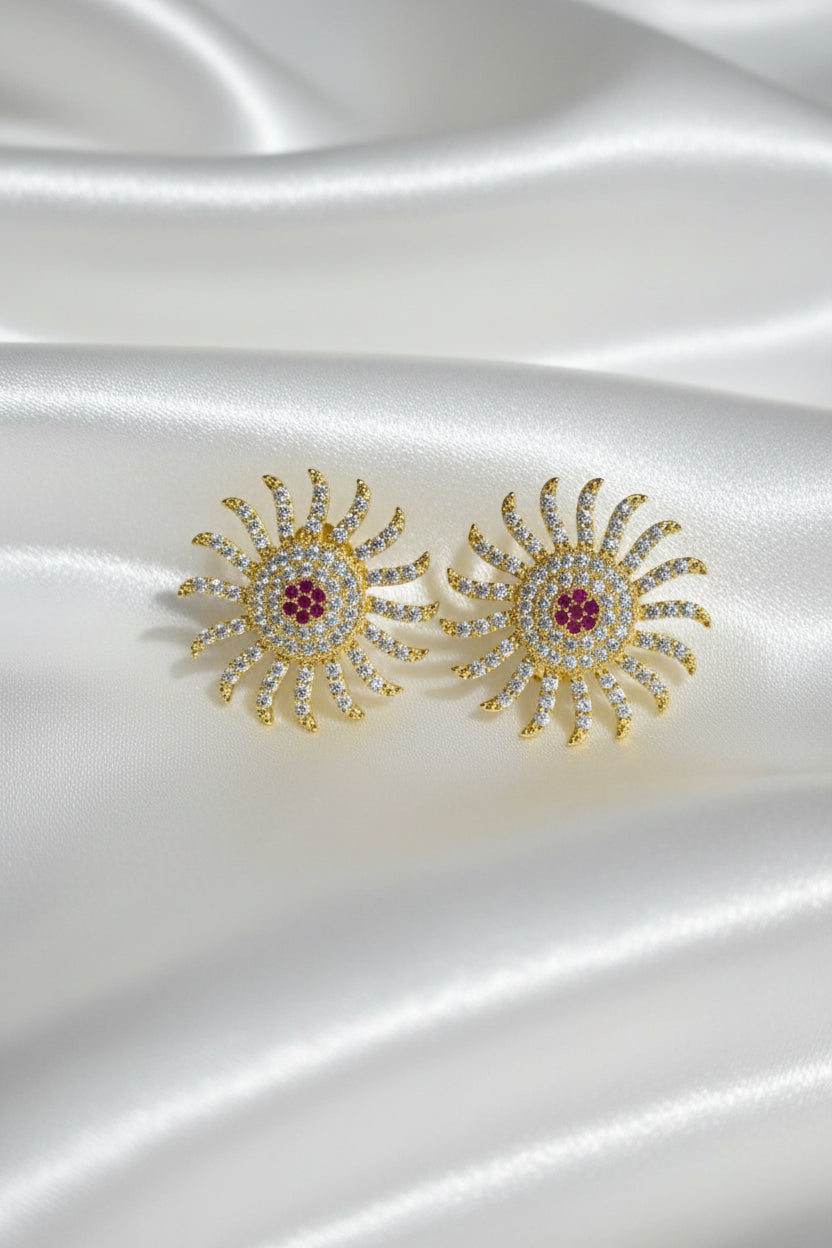 Gold Plated Floral Stud Earrings With Shimmering CZ Sunburst Halo