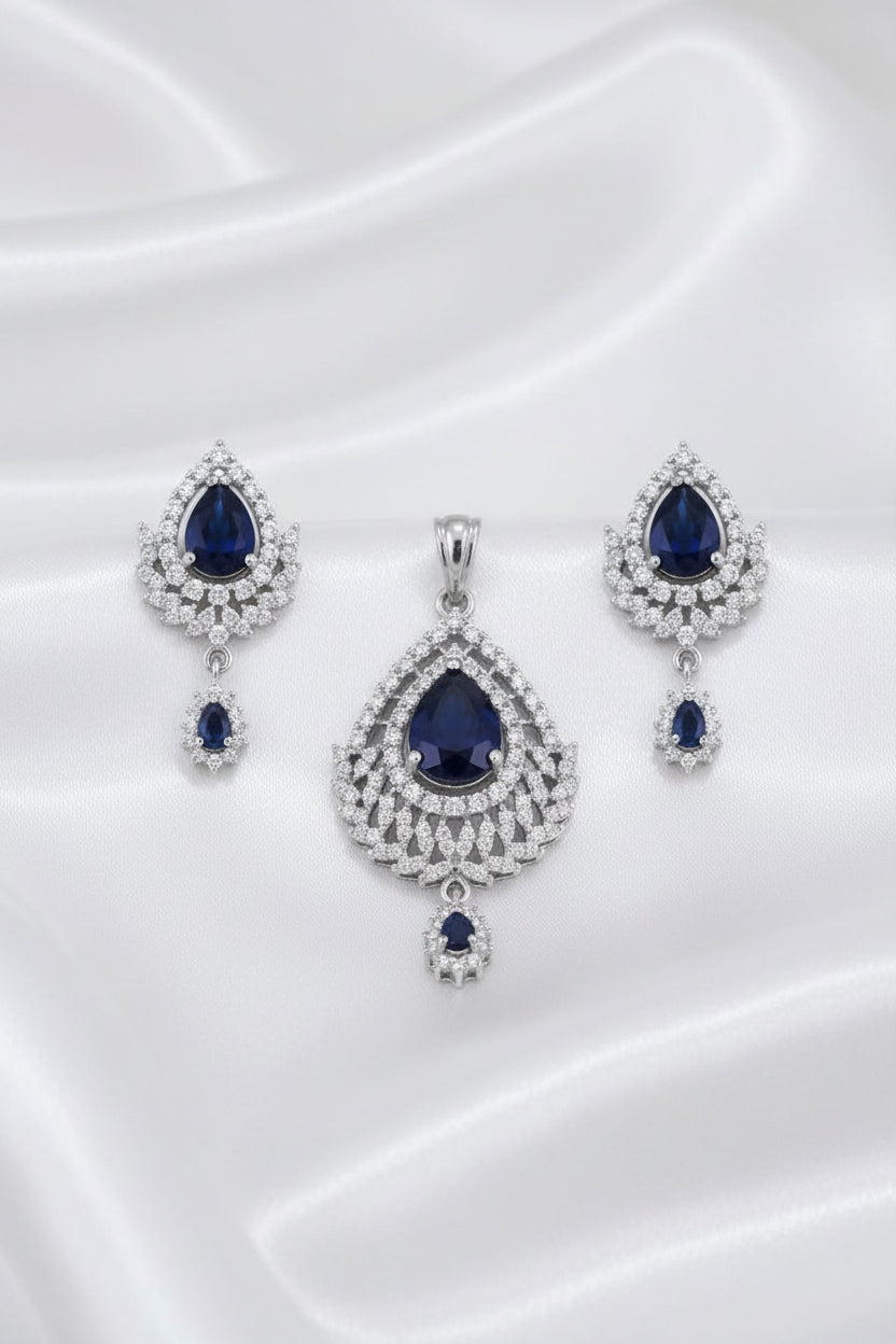 Black & Blue Teardrop Pendant & Drop Earrings Jewelry Set | CZ Stone Statement Set