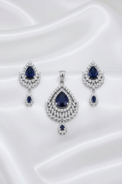 Black & Blue Teardrop Pendant & Drop Earrings Jewelry Set | CZ Stone Statement Set