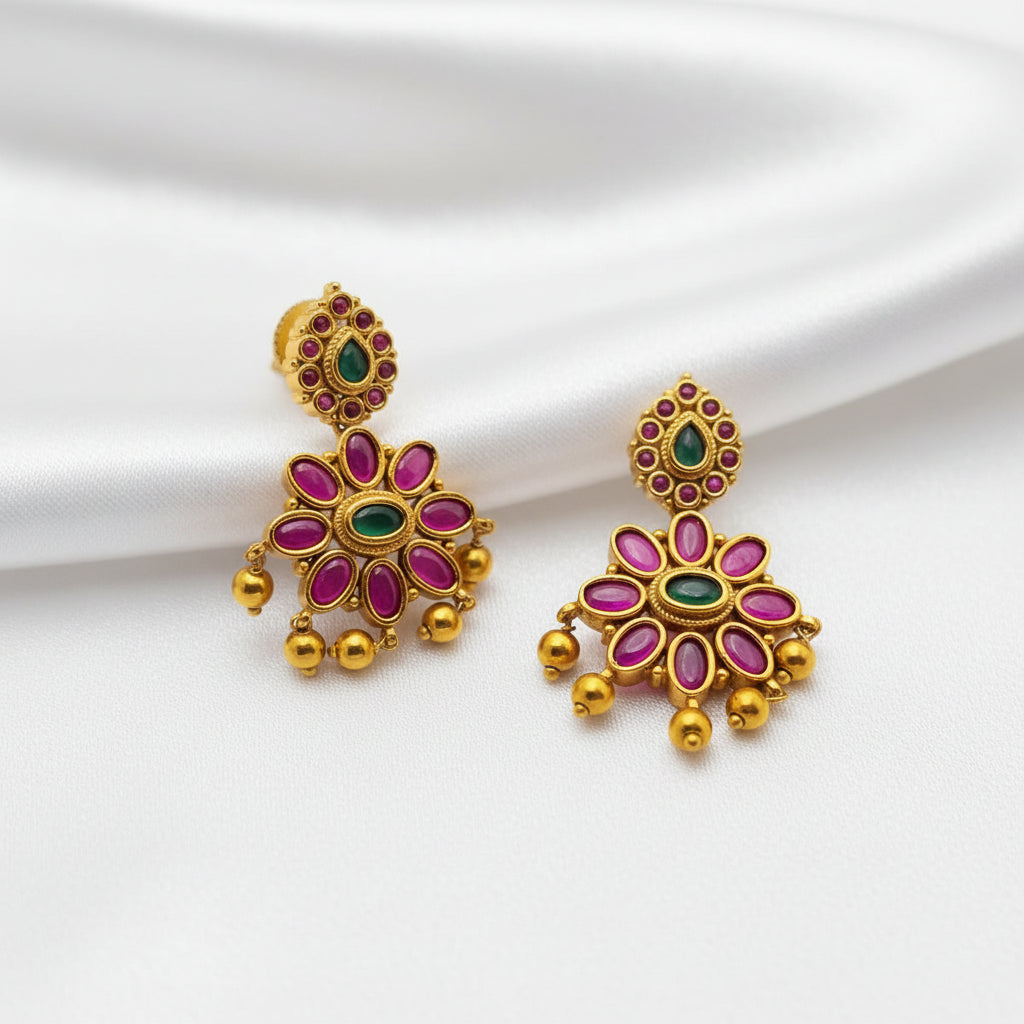 Traditional Antique Gold Plated Kemp Floral Drop Earrings – Ruby Pink & Emerald Green Stone Dangles with Golden Bead Accents