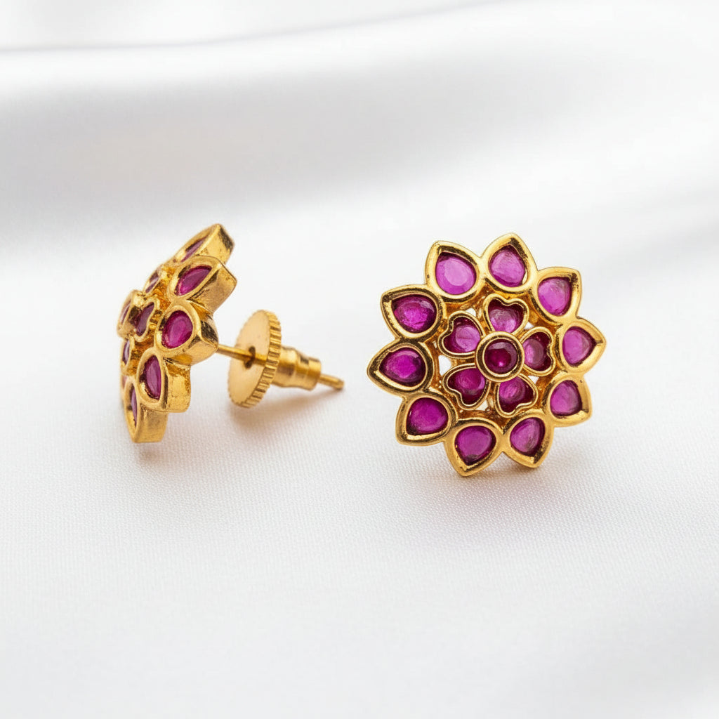 Traditional Indian Gold-Plated Kundan Floral Stud Earrings - Choose from Green or Pink Ruby