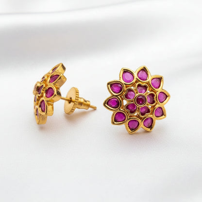 Traditional Indian Gold-Plated Kundan Floral Stud Earrings - Choose from Green or Pink Ruby