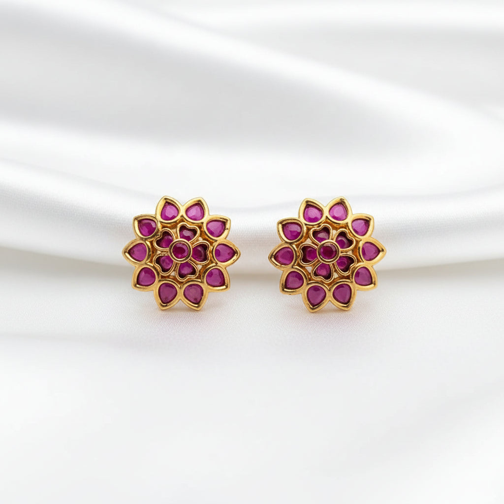 Traditional Indian Gold-Plated Kundan Floral Stud Earrings - Choose from Green or Pink Ruby