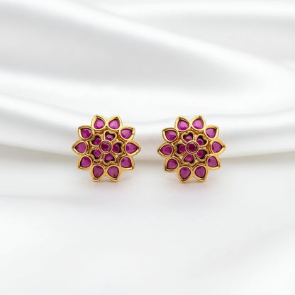 Traditional Indian Gold-Plated Kundan Floral Stud Earrings - Choose from Green or Pink Ruby