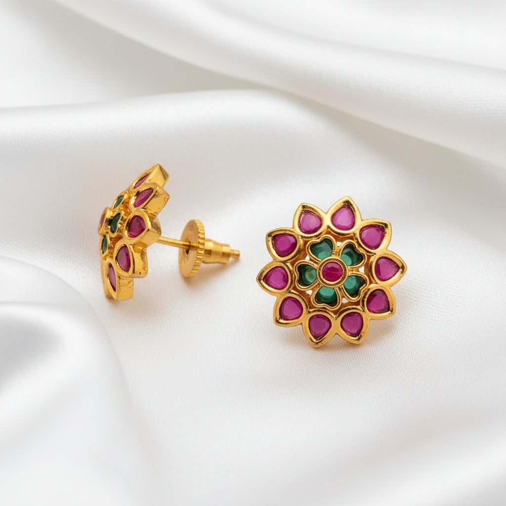Set of 2 Pairs Traditional Indian Kundan-Style Floral Mandala Stud Earrings - Gold Plated with Emerald Green and Pink Stones