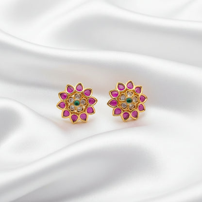 Set of 2 Pairs Traditional Indian Kundan-Style Floral Mandala Stud Earrings - Gold Plated with Emerald Green and Pink Stones