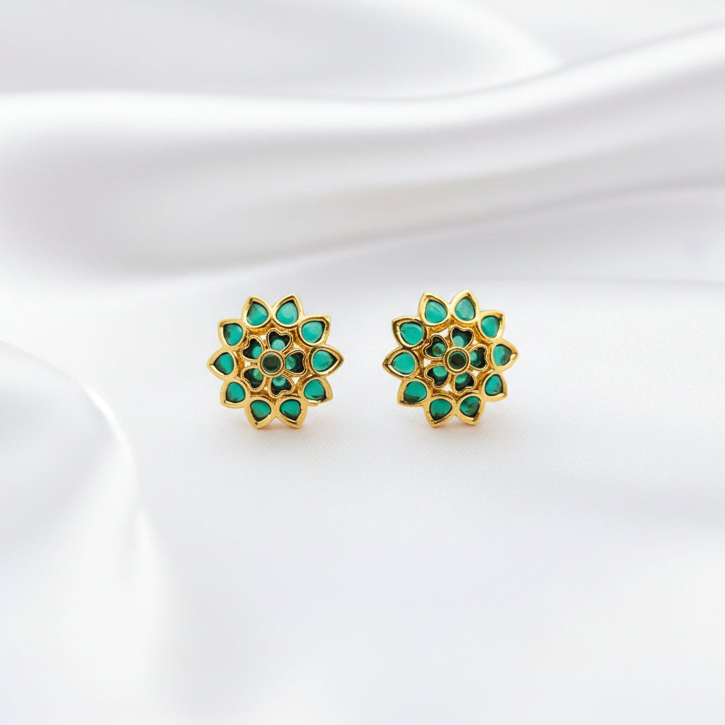 Traditional Indian Gold-Plated Kundan Floral Stud Earrings - Choose from Green or Pink Ruby