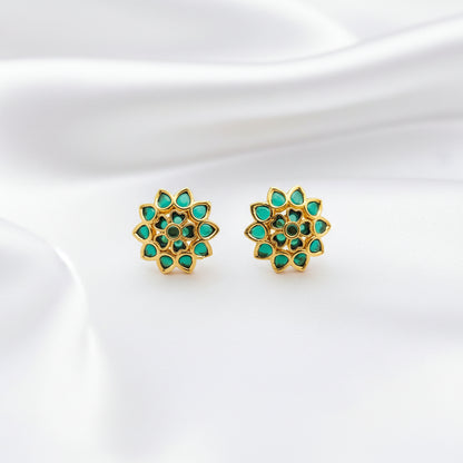 Traditional Indian Gold-Plated Kundan Floral Stud Earrings - Choose from Green or Pink Ruby