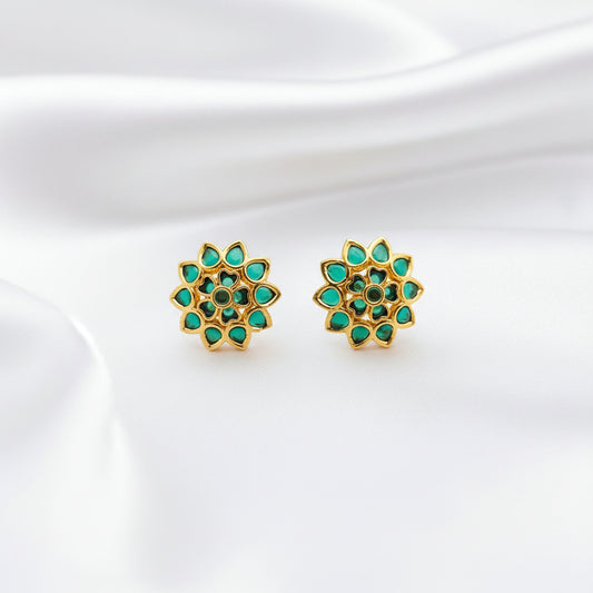 Traditional Indian Gold-Plated Kundan Floral Stud Earrings - Choose from Green or Pink Ruby