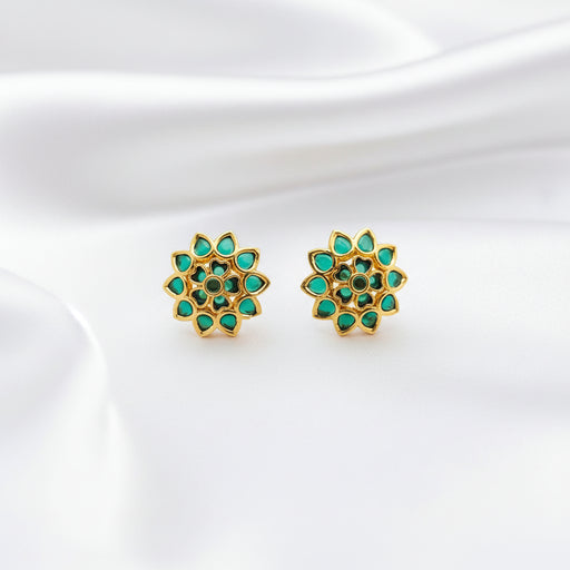Traditional Indian Gold-Plated Kundan Floral Stud Earrings - Choose from Green or Pink Ruby