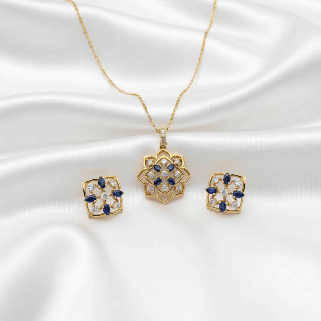 Pink Stone Floral Pendant Necklace with Stud Earrings