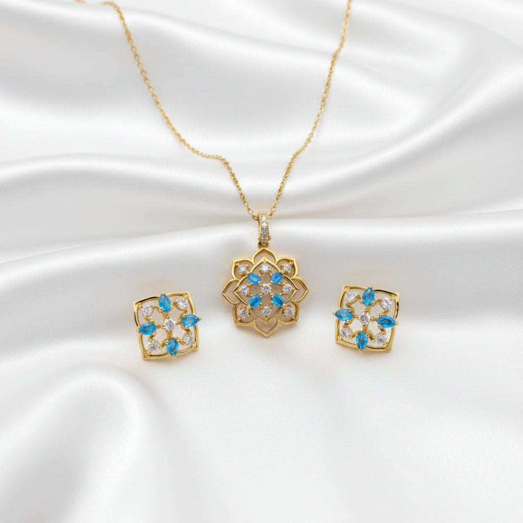 Pink Stone Floral Pendant Necklace with Stud Earrings