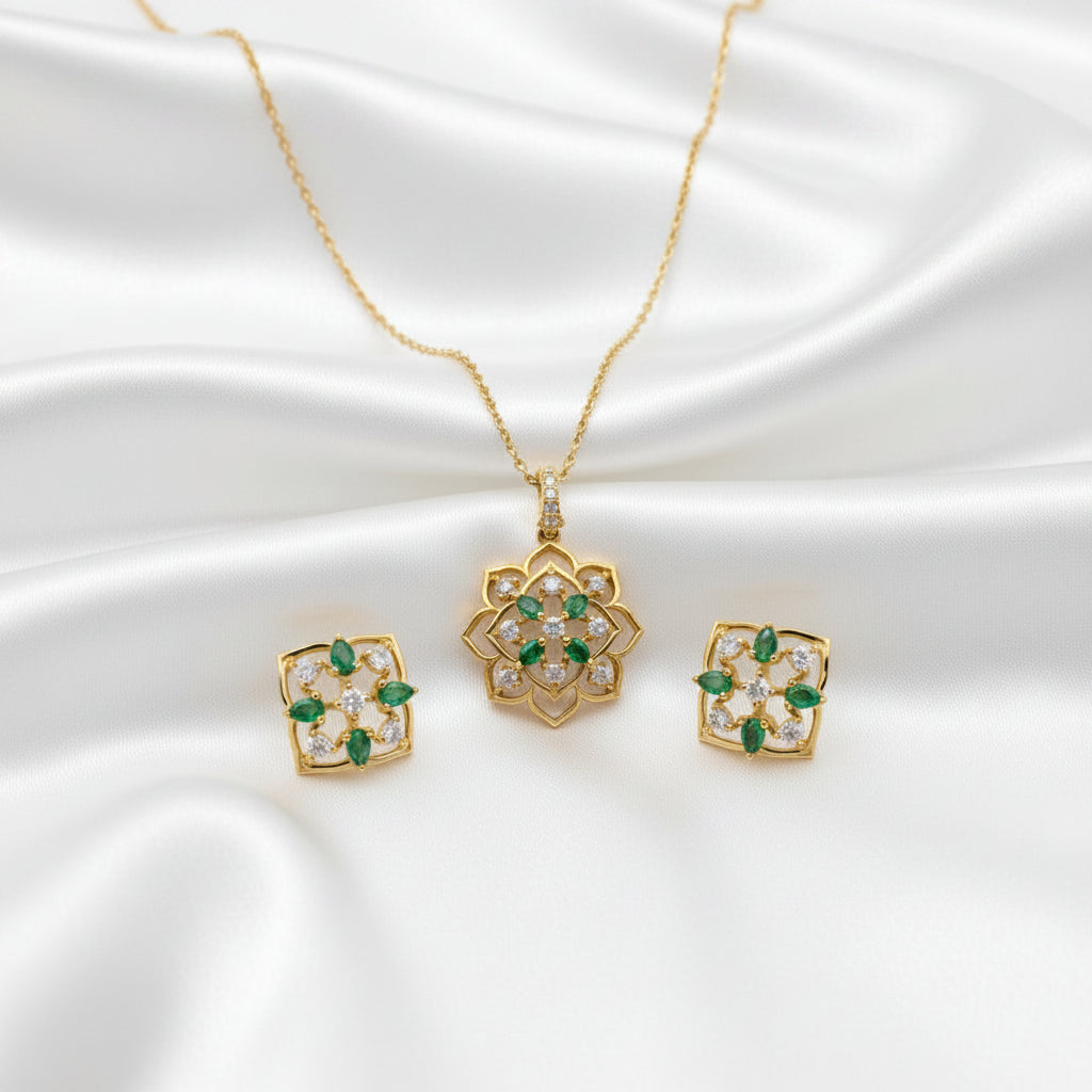 Pink Stone Floral Pendant Necklace with Stud Earrings