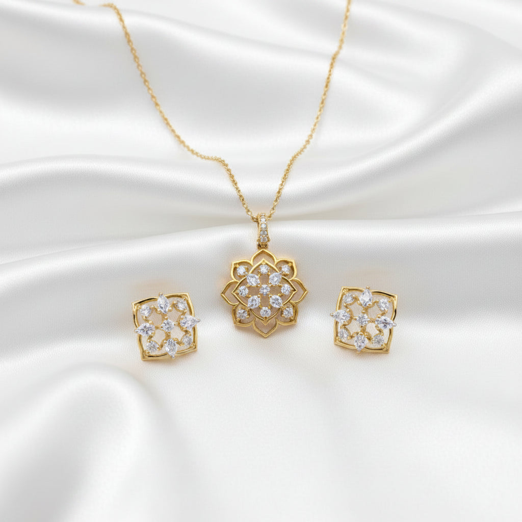 Pink Stone Floral Pendant Necklace with Stud Earrings