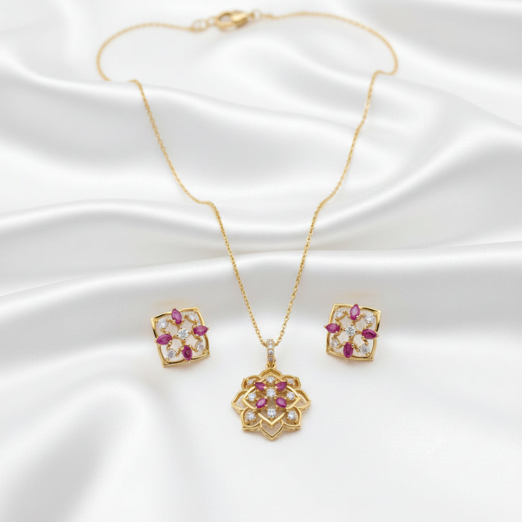 Pink Stone Floral Pendant Necklace with Stud Earrings