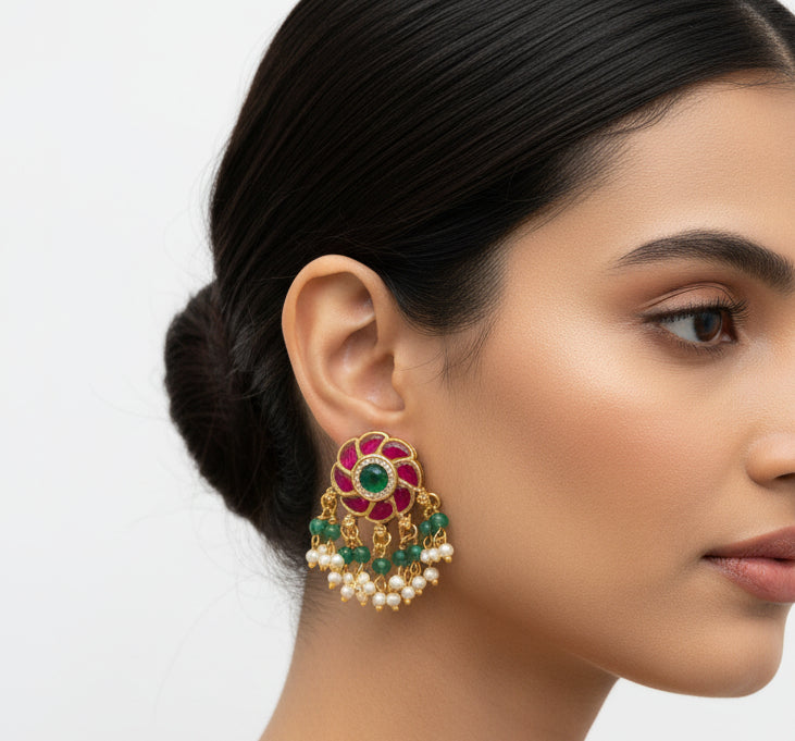 🌸 Traditional Pink & Green Kundan  Earrings | Gold-Tone Floral Earrings with Hanging Beads
