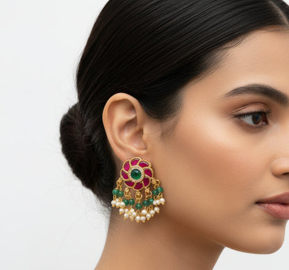 🌸 Traditional Pink & Green Kundan  Earrings | Gold-Tone Floral Earrings with Hanging Beads