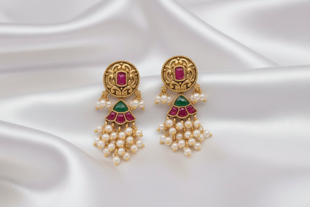 ✨ Traditional Indian Antiqu Jadau Kundan Style Earrings with Ruby, Emerald & Pearl Drops